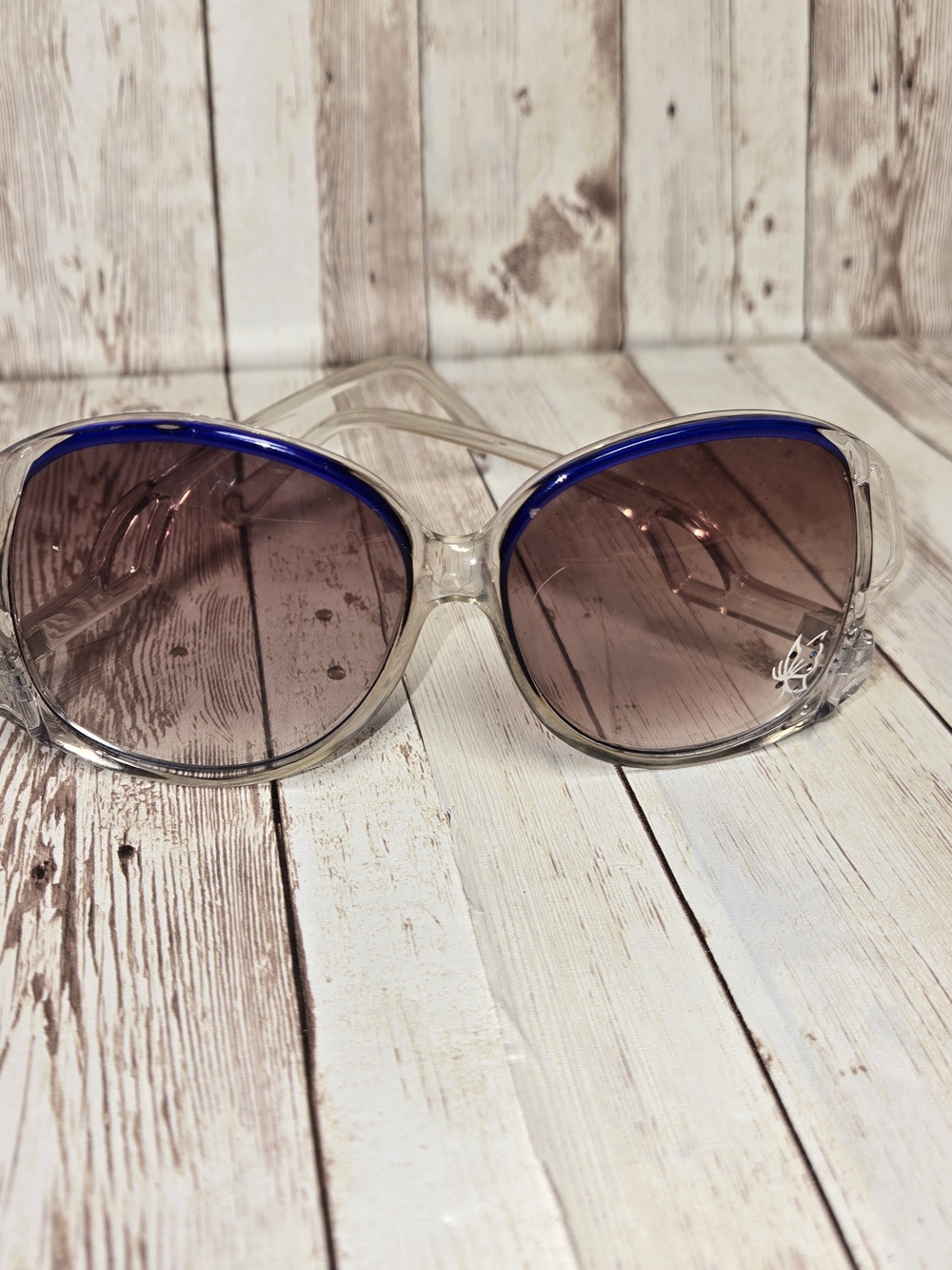 Vintage 70s Butterfly Sunglasses Clear Blue Frame Rhinestone Oversized Retro